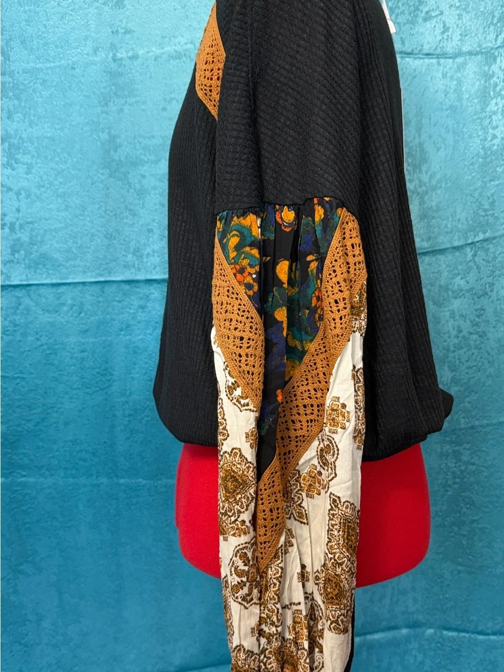 Free People Black Combo Waffle Knit Top